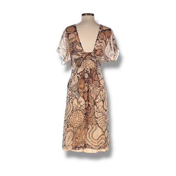 Alberta Ferretti Beaded Brown Print Silk Flutter Sleeve Boho Dress, Size 4 - Picture 2 of 8